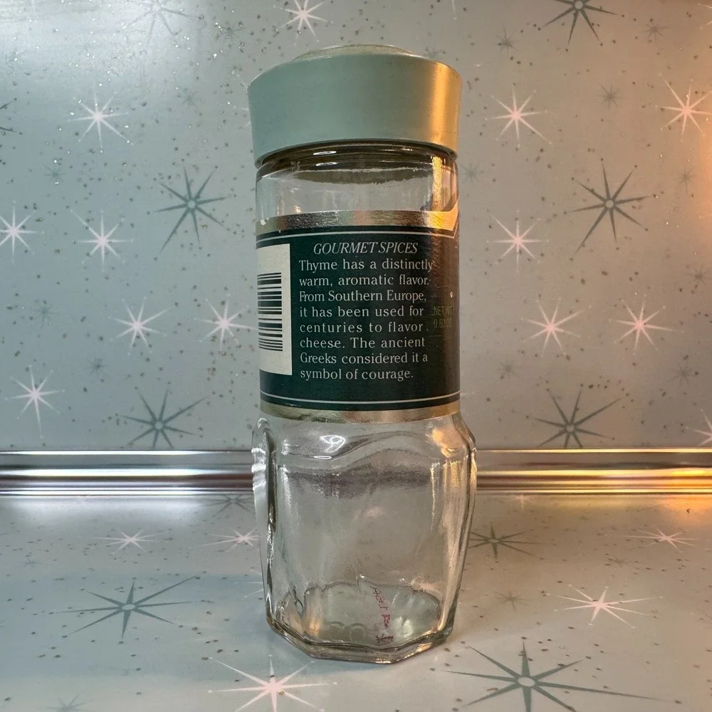 Vintage McCormick Thyme Leaves Jar Green‎ Label Glass Spice Bottle Cottage Retro